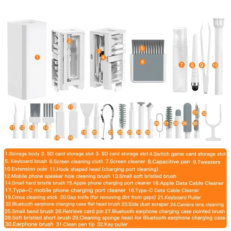 20-in-1/32-in-1 Multi Cleaning Kit Keyboard Brush Earphones Pen Screen Spray Keycap Puller Set for Phone Laptop Airpods Computer